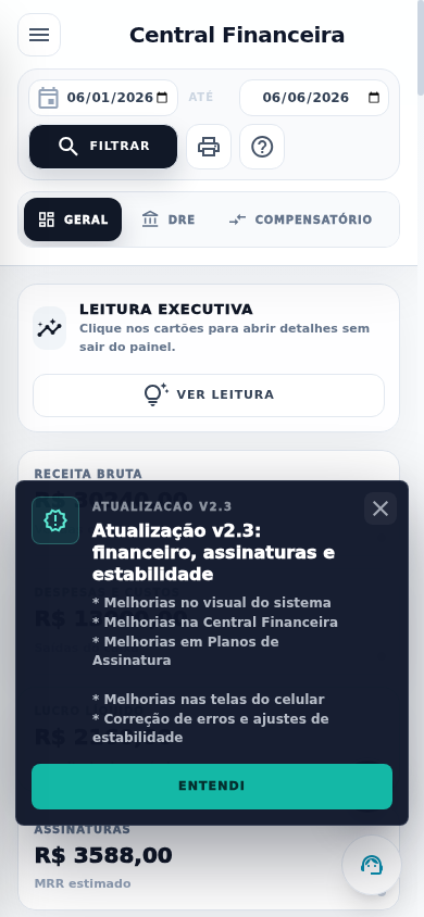 Screenshot real do financeiro no celular